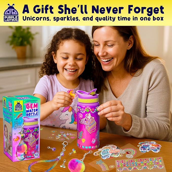 PURPLE LADYBUG Decorate Your Own Water Bottle Kit for Girls - Gift for Girls Ages 5 6 7 8 9 10 Year Old Girl Birthday Gift, Unicorn Toys Crafts Kids Ages 6-12 Summer Crafts for Kids