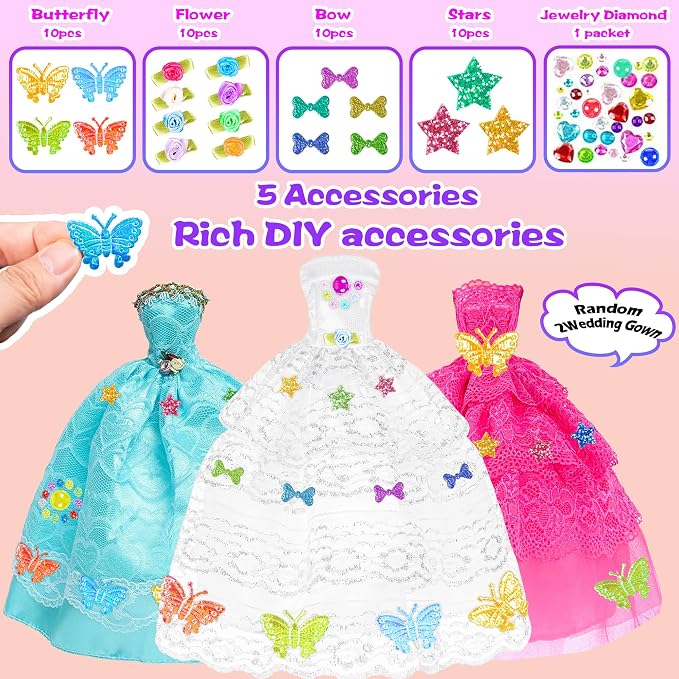 139pcs 11.5-inch Fashion Doll and Wardrobe Playset: Wedding Dress, Outfits, Shoes, Bags, Necklace, DIY Stickers Accessories