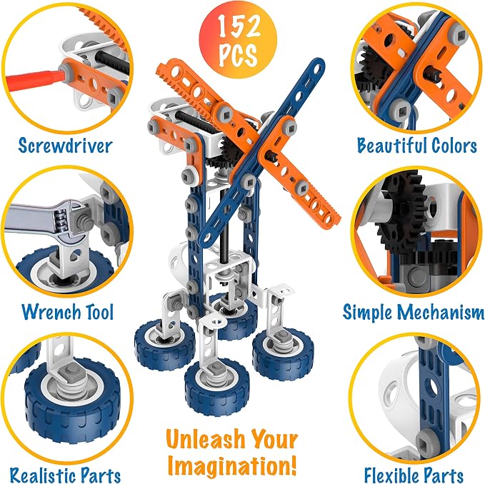 MOBIUS Toys 12-in-1 STEM Construction Kit - 152-Piece Building Set for Kids Ages 4-12 - Educational Engineering Toy for Boys & Girls to Build Cars, Trucks, Motorcycles & More, Creative Learning Gift