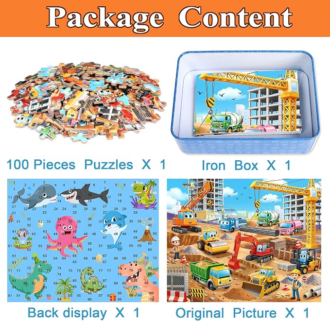 MZZOTOY Construction Site Puzzle for Kids Ages 4-8, 100 Pieces Jigsaw Puzzles for Kids Ages 3-5， Learning Educational Puzzles Toys Great Gift for Boys Girls in a Metal Box