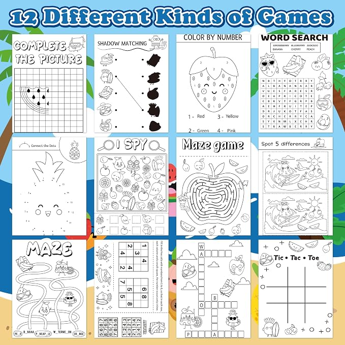 Summer Activity Books for Kids - 24Pcs Coloring Fruits Books Set Bulk Summer Tropical Search Mazes Word Scramble Games Mini Books for Party Goodie Bags Stuffers School Classroom Favors