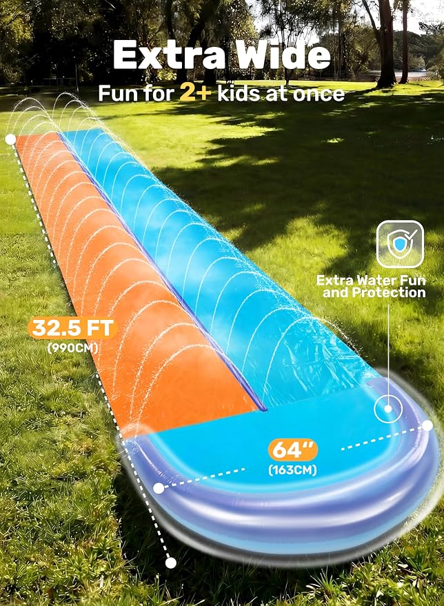 Sloosh 32.5FT Double Water Slides, Heavy Duty Lawn Slide with Sprinkler and 2 Inflatable Boards Backyard Yard Lawn Summer Outdoor Water Toy for Kids Adults