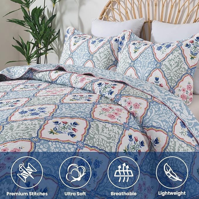 NEWLAKE Quilt Set Queen Size, Bedspread Sets Elegant Floral, Reversible Quilt Bedding Set Lightweight and Breathable for All Seasons, Soft Quilted Bedspread with 2 Pillow Shams