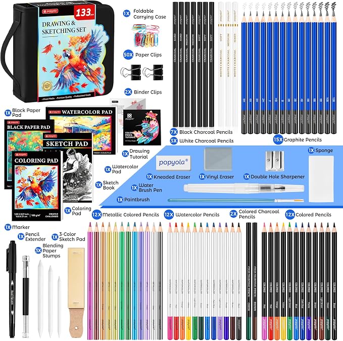 133 Pack Art Supplies Sketching Kit with Sketch Book, Coloring Book, Watercolor Pad, Black Paper Pad, Tutorial, Graphite Colored Charcoal Watercolor & Metallic Pencils for Artists Beginners Adults