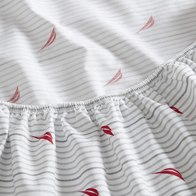 Nautica- King Sheet Set, Cotton Percale Bedding Set, Crisp & Cool, Lightweight & Breathable (Audley Stripe Red, King)