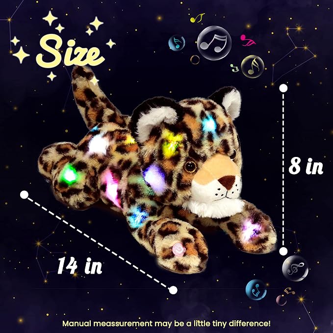 Hopearl LED Musical Stuffed Cheetah Light up Singing Plush Leopard Toy Adjustable Volume Lullaby Animated Soothe Birthday Festival for Kids Toddlers Boys, 14''