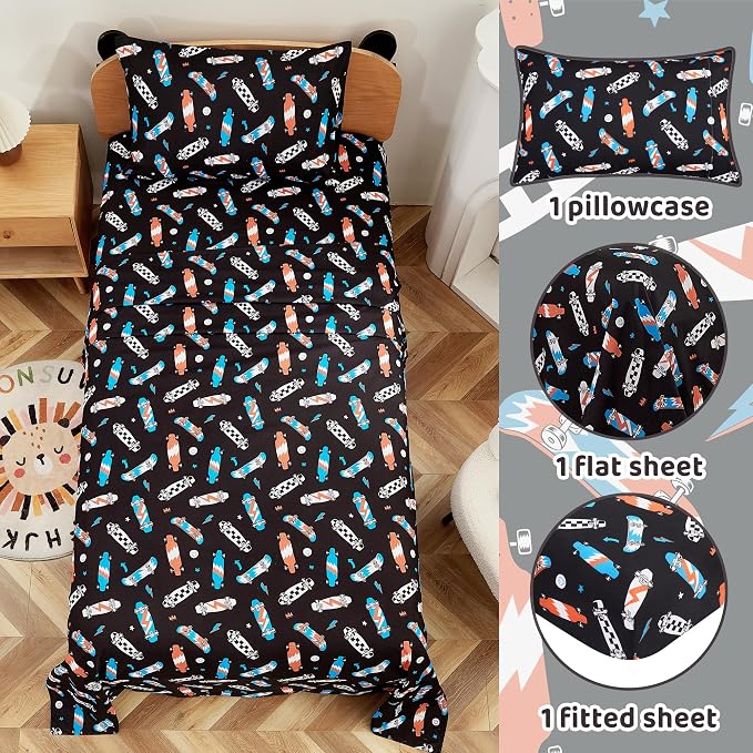 Viviland 3 Pieces Boys Black Twin Sheet Set - Soft Microfiber Fitted Flat Sheets & Pillowcase Bed Sheet Set - Cool Skateboard Bedding Sets for Kids