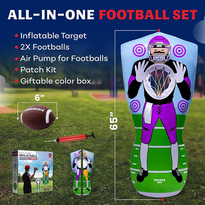 Preferred Toys 65” Inflatable Football Target Net Toss Game - Double-Sided Throwing Practice Football Stuff with Mini Balls - Backyard Tailgate Party Sports Toy for Kids & Adults