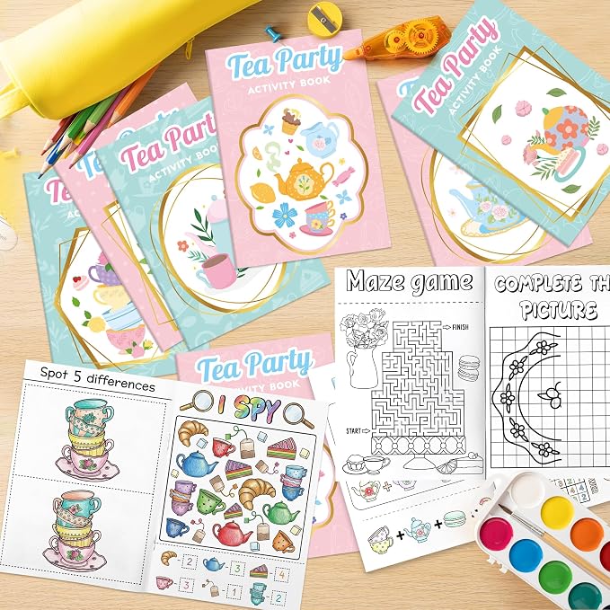 Tea Party Activity Books for Kids - 48Pcs Tea Time Themed Mini Game Coloring Booklet Bulk Maze Word Scramble Word Search Coloring Books for Birthday DIY Party Favor Goodies Bag Filler Classroom Reward