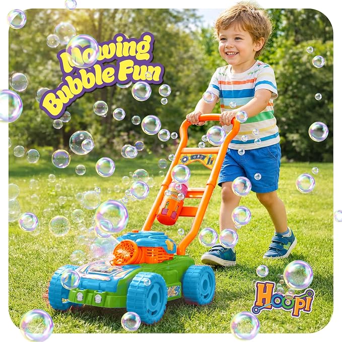 Hoopi Extreme Bubble Lawn Mower for Toddlers 1-3, Spill-Proof Kids Bubble Machine with Lights for 2-Year-Old Boy Birthday Gift, Bubbles Blowing Push Toddler Outdoor Toys for Ages 2-4 with 3 Bottles