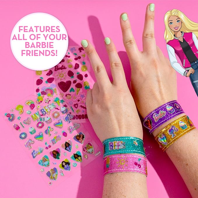 Barbie Sparkle Bracelet Making Kit, 4 Reversible Shimmery Bracelets, 100+ Traditional and Puffy Resin Stickers, DIY Friendship Jewelry, Girls Toys, Arts and Crafts for Kids Age 8-12, Gifts for Girls