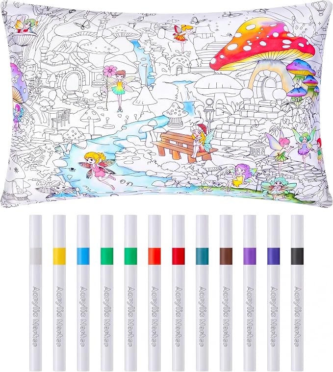 Mindsoft Coloring Pillowcase with 12 Pcs Markers Color Your Own Pillowcase Kit for Coloring Craft Decoration Supplies, 28.7 x 19.7 Inch (Mushroom Elf)