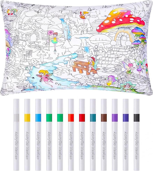 Mindsoft Coloring Pillowcase with 12 Pcs Markers Color Your Own Pillowcase Kit for Coloring Craft Decoration Supplies, 28.7 x 19.7 Inch (Mushroom Elf)