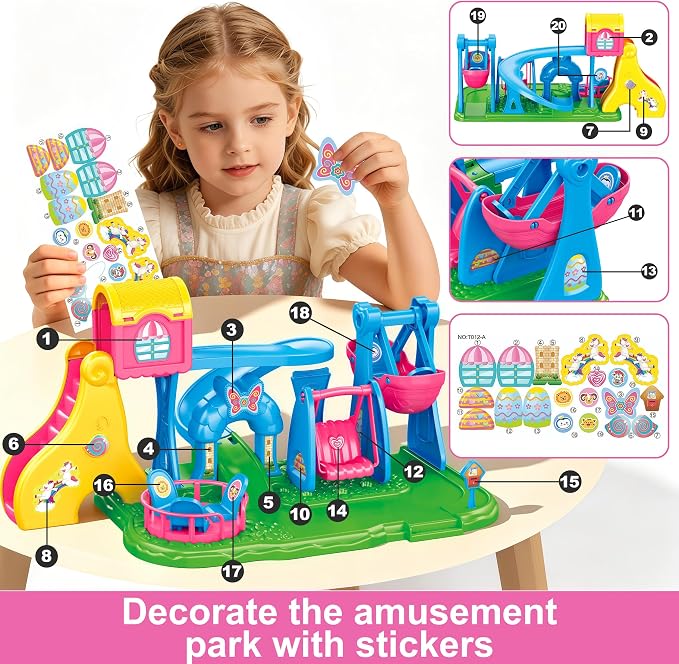 XDUOYJOY Doll House Playground Playset with 4 Toy Figures, Slide, Swing, Rocking Horse, Pirate Ship, Dollhouse & Doll Accessories Pretend Play Fun for Kids Ages 3+