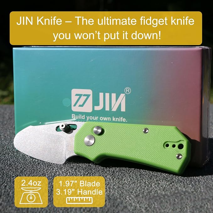 JIN Rhino Jr. Kids Pocket Knife, Fidget Toy Knife, DIY Kit, 1.97” Unsharpened Steel Blade, Safety Rounded Tip, Kids-friendly Button Lock Folding EDC, Green G10 Handle