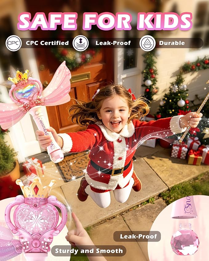 Princess Bubble Wand for Girls, Light Up Musical Fairy Toy with Detachable Wings, Music, Outdoor Birthday Gift for Kids Ages 3-8