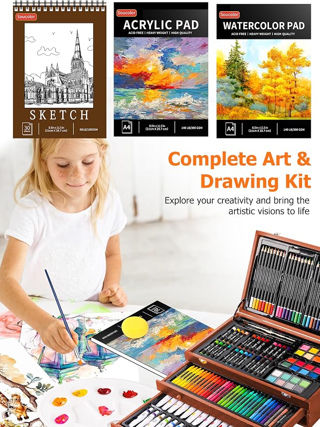 Soucolor Art Supplies, 192-Pack Deluxe Art Set Drawing Painting Supplies Kit with Acrylic Pad, Watercolor Pad, Sketch Book, Canvases, Acrylic Paint, Crayons, Pencils, Gifts for Artist Adults Teen Kids