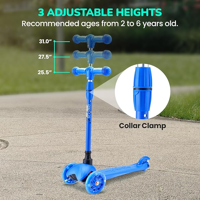 Hurtle Mini Kickboard 3 Wheel Scooter for Kids Ages 2-5 - Lean-to-Steer Toddler Scooter with Light-up LED Wheels, Adjustable Height & Rear Foot Brake for Boys. & Girls, Anti-Slip, Indoor/Outdoor