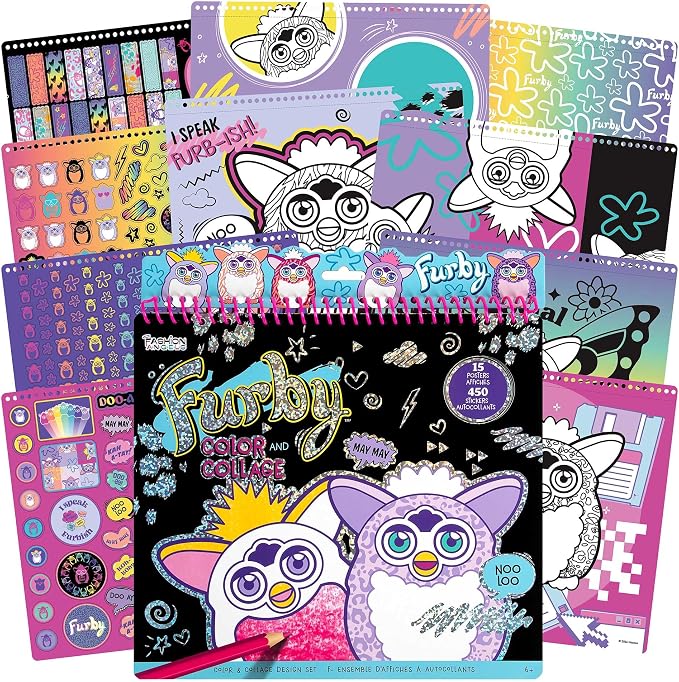 Fashion Angels Furby Color & Collage Portfolio, Includes 15 Posters & 4 Sticker Sheets with 450+ Stickers, Creative Coloring & Design Activity Kit for Kids
