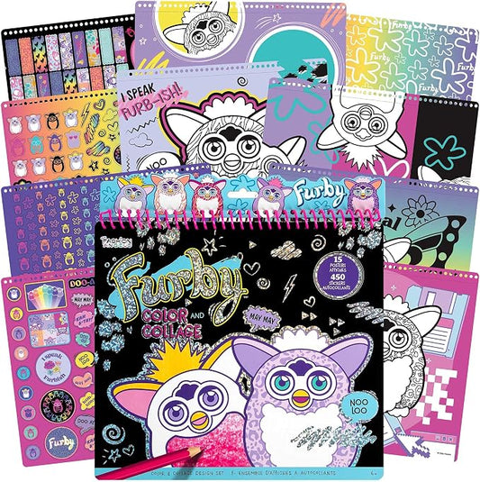 Fashion Angels Furby Color & Collage Portfolio, Includes 15 Posters & 4 Sticker Sheets with 450+ Stickers, Creative Coloring & Design Activity Kit for Kids