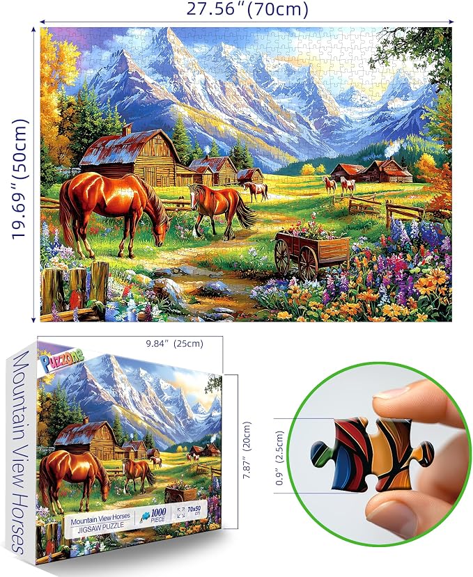 1000 Pieces Jigsaw Puzzles for Adults, Mountain Landscape Puzzles with Grazing Horses and Log Cabin for Adults and Teens Family Challenging for Game Nights (27.5 x 19.7 Inch)