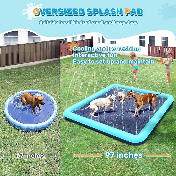 68" x 68" Square Splash Pad for Toddlers & Dogs, Non-Slip Sprinkler Pool, Shallow Water Play Mat for Backyard Summer Fun, Teal