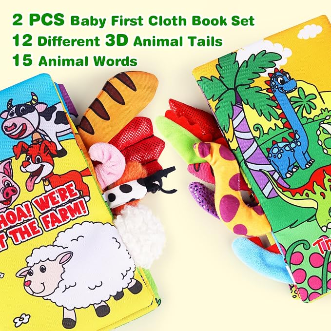 Vanmor 2 PCS Crinkle Baby Books 0-6 Months, Sensory Touch Feel Busy Soft Activity Book for Infants, Dinosaur & Farm Travel Toys, Newborn Must Haves Shower Gifts for Baby Boy Girl