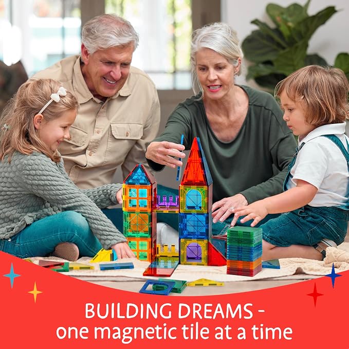 SUNNY AUNTIE Magnetic Tiles 100 PCS with 2 Cars – Magnetic Building Tiles STEM Toy for Kids Ages 3-8, Magnet Construction Set for Boys & Girls