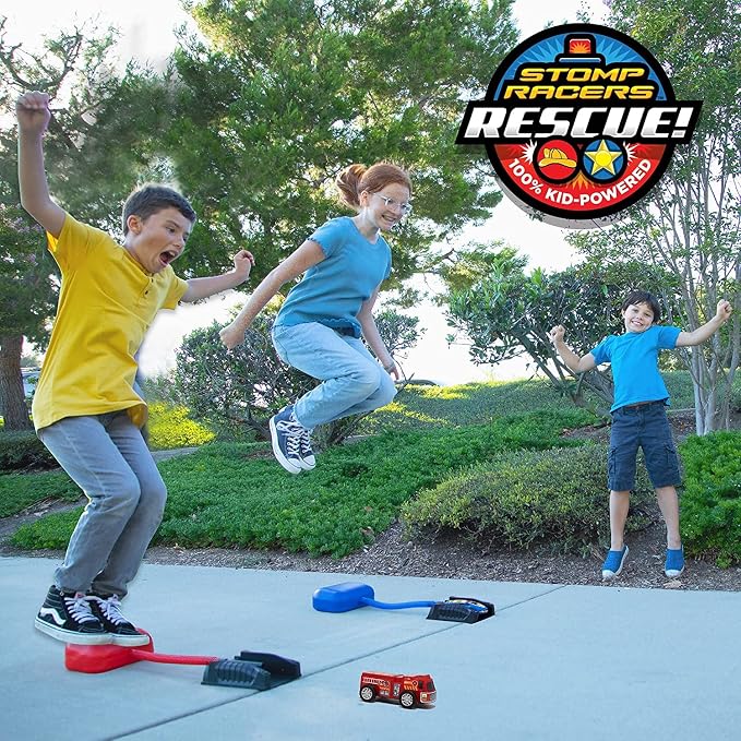 Stomp Rocket Original Stomp Rescue Racers - Dueling Race Cars for Kids - 1 Firetruck, 1 Police Car, 2 Launch Pads and 2 Tunnels - Fun Toy and Gift for Boys or Girls Age 5+ Years Old - STEM Toy