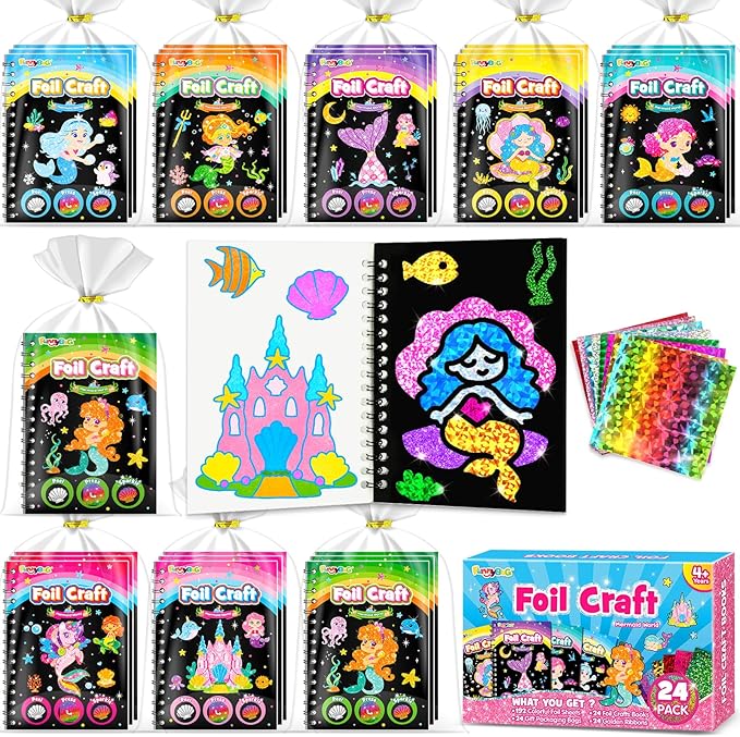 FUNNYB&G Foil Art Party Favors for Kids - 24 Pack Foil Art Crafts Kits Coloring Books, Goodie Bag Stuffers Party Favors for Kids 4-8 8-12, Bulk Birthday Classroom Prizes Girls Boys Gifts (Mermaid)