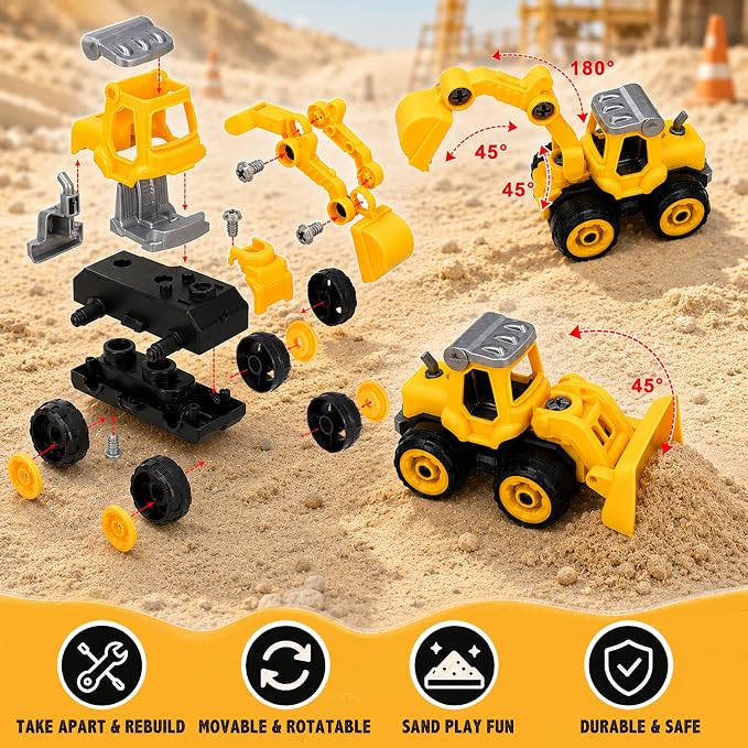 Carolart Construction Sensory Bin, Mess-Free Sandbox Playset with Glow in The Dark Stones, Play Sand with Toy Excavator and Bulldozer, Sensory Sand Activity Kit, STEM Gift for Boys Girls Ages 3-8