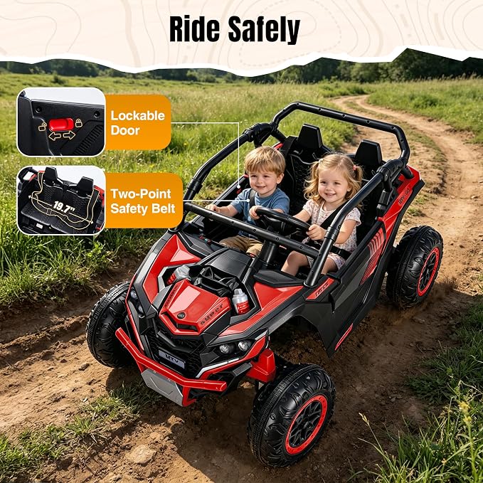 Firstness 24V Ride on Toys 800W Electric Remote Control Ride on Cars for Kids 2-Seater Riding Cars for Kids Ages 3-8, 3 Speed Mode, Music, LED Light, Off-Road UTV Ride on Truck for Boys & Girls, Red