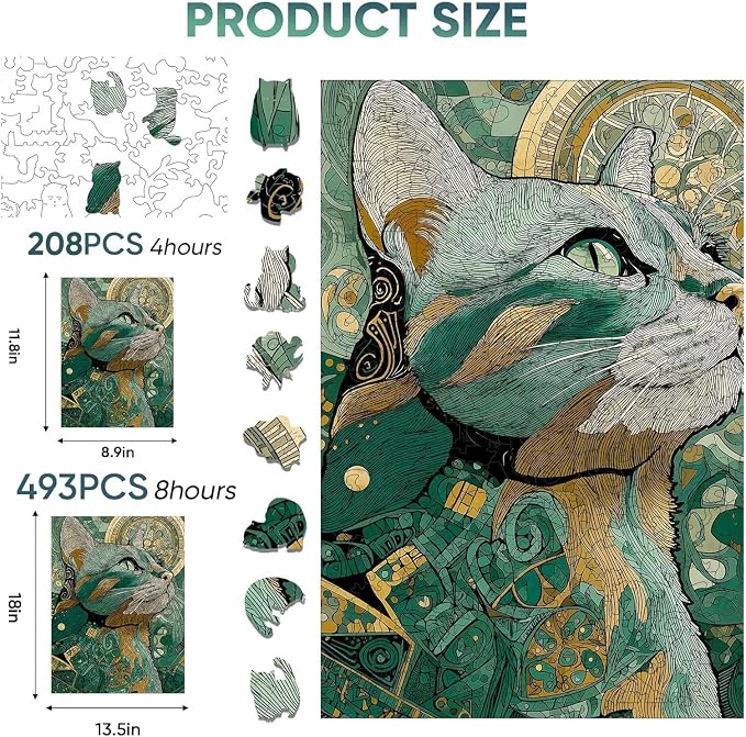 Mocfesk Wooden Puzzles for Adults, Cat Puzzles 208 Pieces, Unique Shaped Animal Jigsaw Puzzles for Adults and Kids, Birthday Gifts Fun Family Game 8.9 x 11.8in
