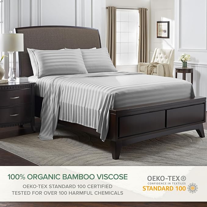 Pure Bamboo California King Sheets, Genuine 100% Organic Viscose Derived from Bamboo Bed Sheet Set, Soft & Cooling, Double Stitching, 2 Year Quality Promise (California King, Jacquard Silver)