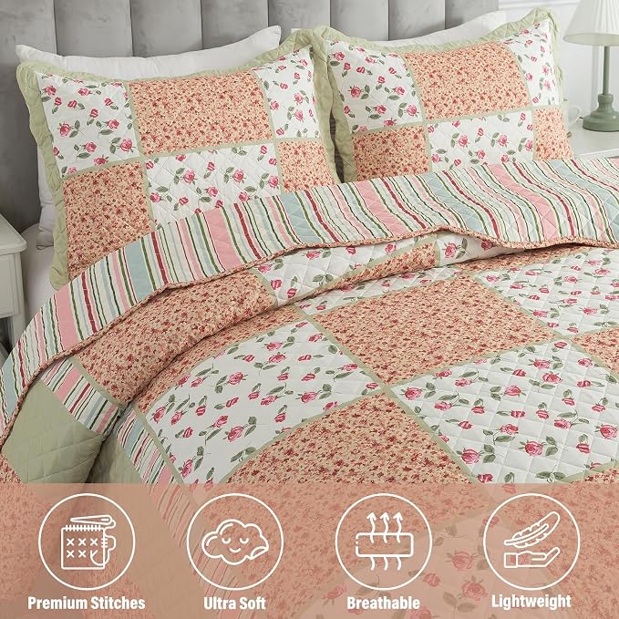 NEWLAKE Quilt Set King Size, Bedspread Sets Warm Orange Floral, Reversible Quilt Bedding Set Lightweight and Breathable for All Seasons, Soft Quilted Bedspread with 2 Pillow Shams