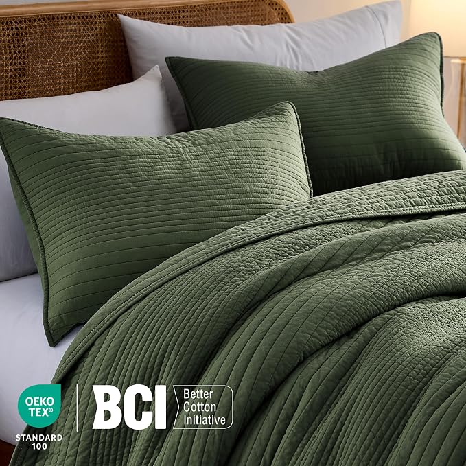 palassio Striped Olive Green 100% Cotton Quilt California Cal King Size Bedding Sets, Oversized Lightweight Channel Pick Stitch Textured Bedspread Soft Farmhouse Coverlet for All Season, 2 Shams