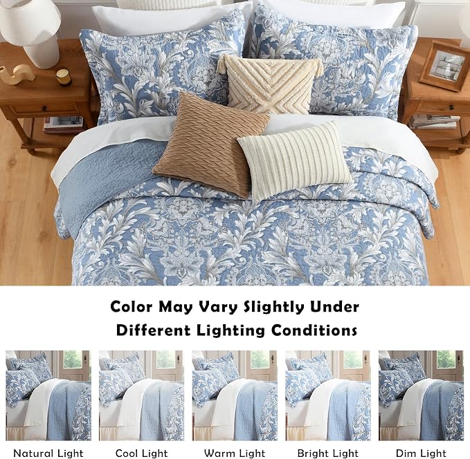 King Size Quilt Set - Dusty Blue and Gray Quilt Set King, 100% Cotton Floral Bedspread Set 3 Piece, Classic Damask Bedspread, Reversible Lightweight Quilt Bedding Set