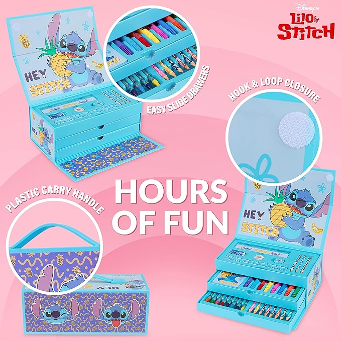Disney Stitch Colored Pencils Art Supplies Kids School Supplies Set Stationery Girls Drawing Pencils Supplies Travel Case with Crayons Arts and Crafts for Kids 4-12 (Blue Stitch)