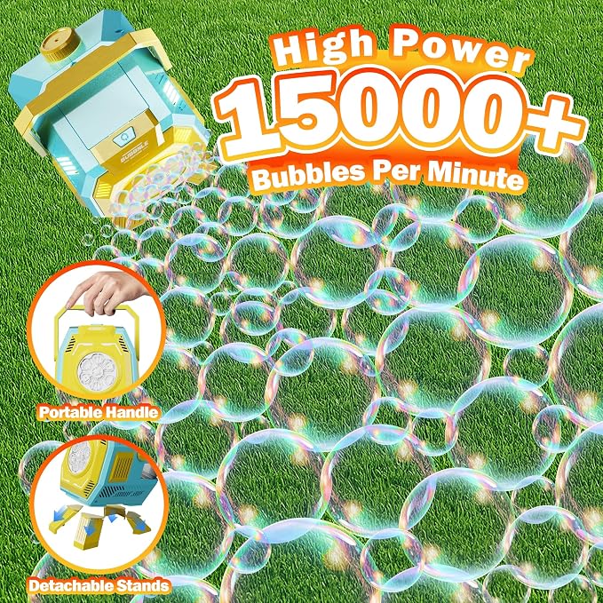 Belemar Bubble Machine for Kids with Lights, 6 Big Bubble Holes, Up to 15,000 Bubbles/Min, 320ml Large Tank, Battery Operated Portable Bubble Blower for Toddlers, Birthday Parties & Outdoor Fun