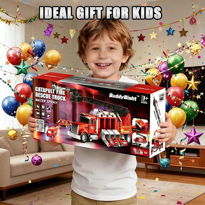 Inertial Drive Fire Truck Toy for 2 Year Old 27+'' Liftable Ladder/180° Rotatable Water Sprinkler , 6 Alloy Rescue Car Fire Trucks Playset, Light/Sound Firetruck Toys 3-5 Years Old w/Openable Carriage