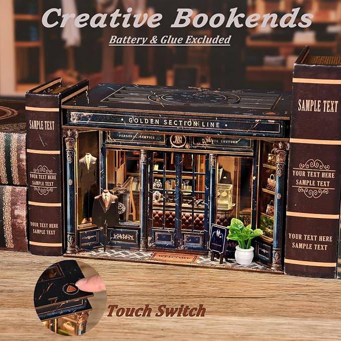 ISSEVE Book Nook Kits for Adults, DIY Booknook Kit Miniature Dollhouse Book Nooks, 3D Wooden Puzzle Model Building Creative Bookshelf Home Decoration Adult Crafts Kits Gift (Golden Section Line)