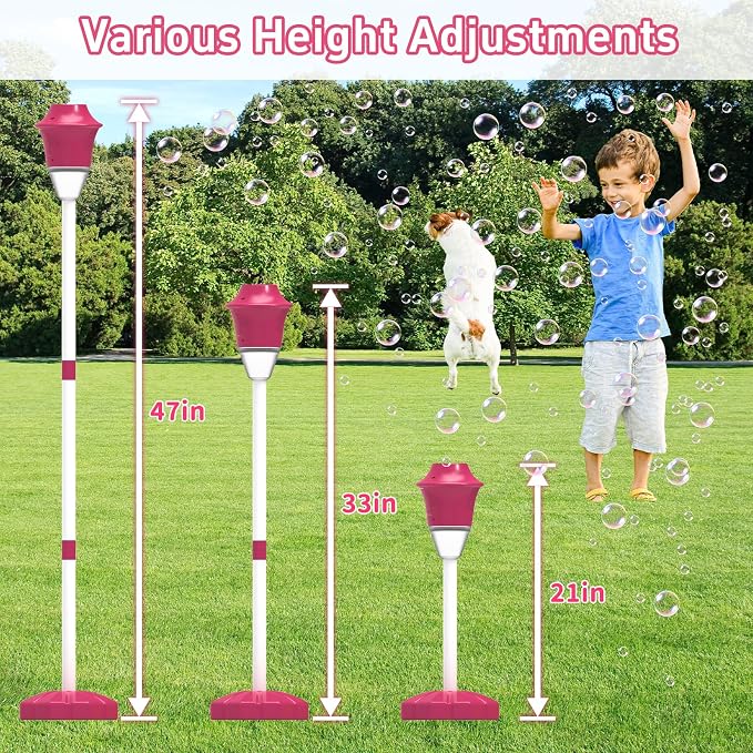 Infowush Bubble Machine for Kids, Automatic Standing Bubble Maker Machine Height Adjustable Up to 47 Inches Outdoor Battery Bubble Machine with Light/Music for Toddlers Birthday Party Gifts（Red）