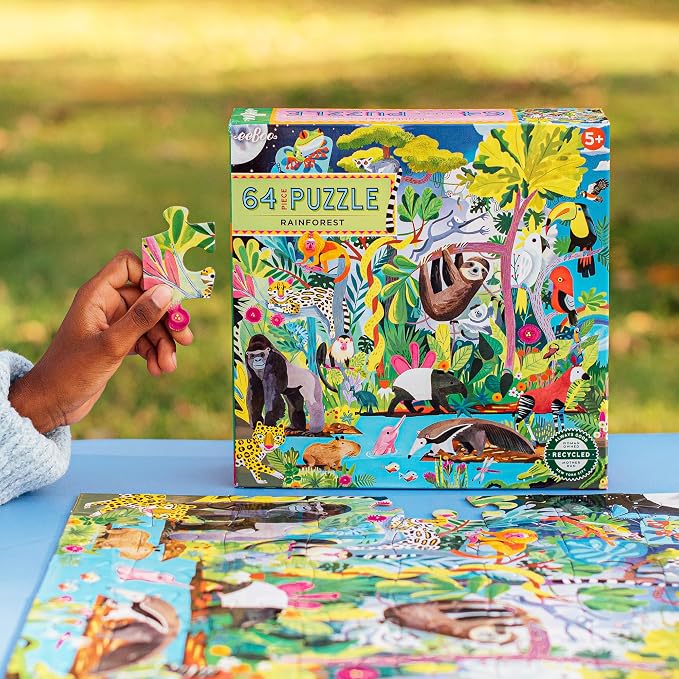 eeBoo: Rainforest - 64 Piece Puzzle - 15" x 15" Jigsaw, Vibrant Animal & Nature Scene, Informational Poster, Big Sturdy Dustless Pieces, Kids Ages 5+