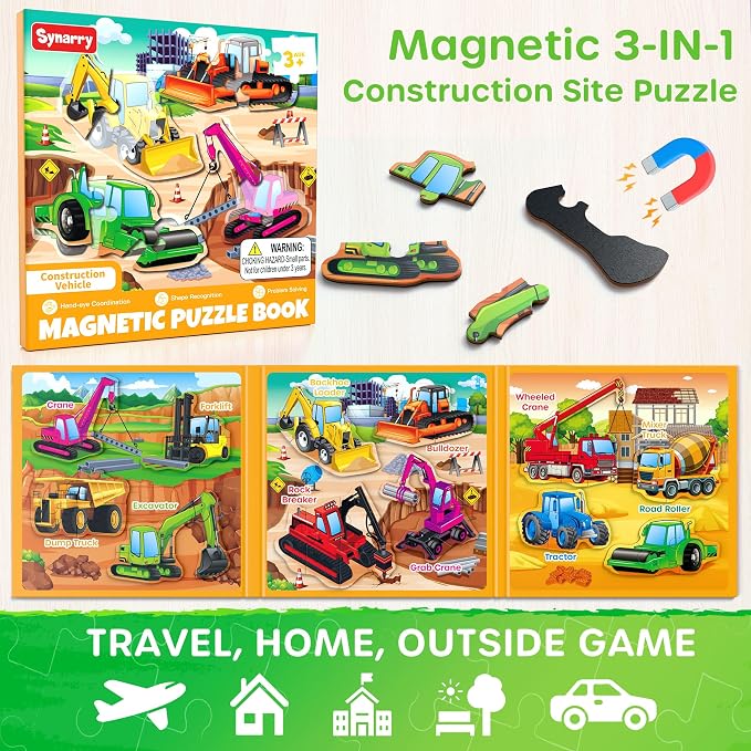 SYNARRY Magnetic Puzzles for Toddlers 3-5, Toddler Travel Toys Construction Toys Excavator Puzzles for Kids Age 3-5, Vehicle Puzzles for Kids Ages 4-6, Car Airplane Road Trip Activities Easter Gifts