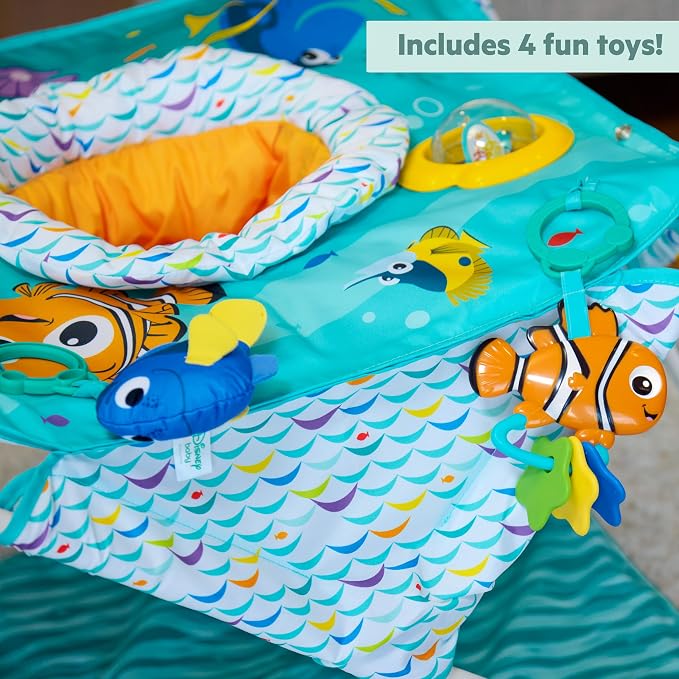 Bright Starts Disney Baby Finding Nemo Pop 'N Jump Portable Baby Jumper, Foldable Indoor/Outdoor Baby Jumper with Sensory Activities, Ages 6–12 Months