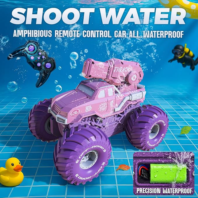 BEZGAR Amphibious Remote Control Car for Girls - Pink Monster Truck Toys 1:16 RC Boats 2.4GHz Waterproof Tank with Shooting Water Pistol, 4WD All-terrian Off-Road Pickup Outdoor, Girls Kids Gifts