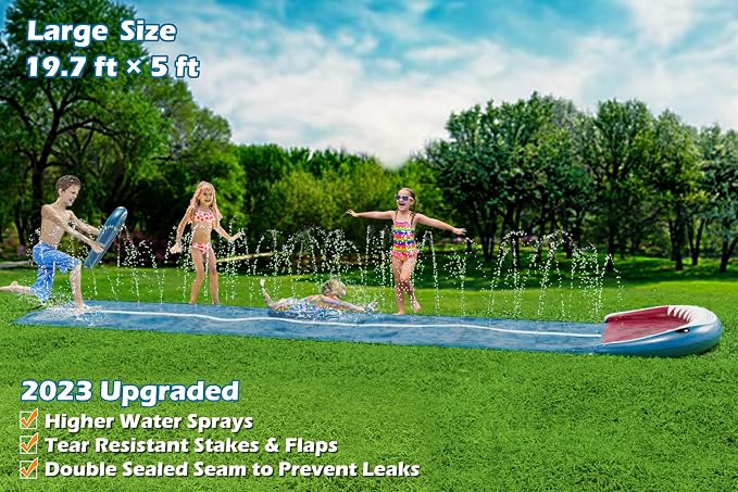Jasonwell Slip and Water Slide - 20Ft Heavy Duty Lawn Slip Waterslide for Kids Adults with Splash Sprinkler N 2 Bodyboards Backyard Summer Outside Outdoor Water Play Toys (Shark-2Lanes)