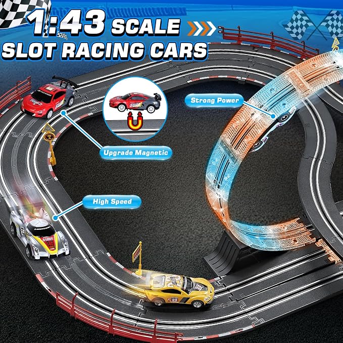 Boy Toys Gifts for 6 7 8-12 Years Old, Slot Car Race Track Sets with 4 Slot Cars, Battery or Electric Car Track with Flash Light, Dual Racing Game Lap Counter Circular Overpass Track Gifts for Kids
