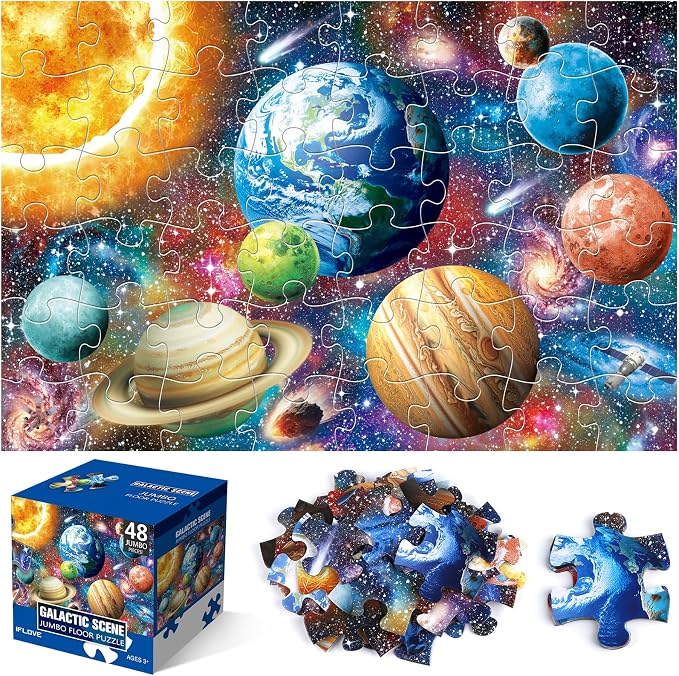 IFLOVE Galaxy Space Floor Puzzle for Kids — 48 Piece Jumbo Outer Space Jigsaw Puzzle, 35 x 24 Inch Large Astronaut Rocket Planet Puzzle, Educational Toy Birthday for Boys Girls Ages 3-8