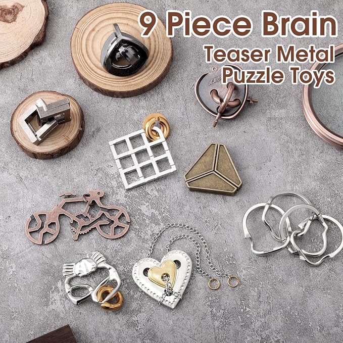 Wettarn 9 Pcs Metal Brain Teaser Puzzles 3D Steel Puzzle Set for Adults IQ Logic Challenge Disentanglement Unlock Interlocking Games Smart Logic Test Toys for Adults Mind Challenge(Charming Style)